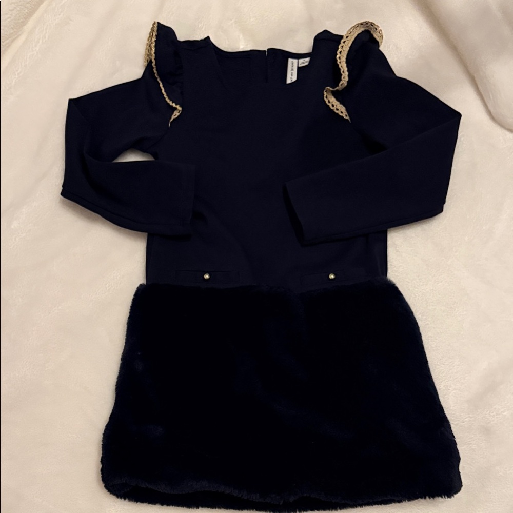 Janie and Jack navy Dress with Gold Trim, faux fur skirt
